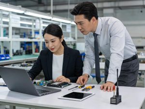 Professional buyers sourcing consumer electronics in China – inspecting gadgets, using laptops, and analyzing data at factory