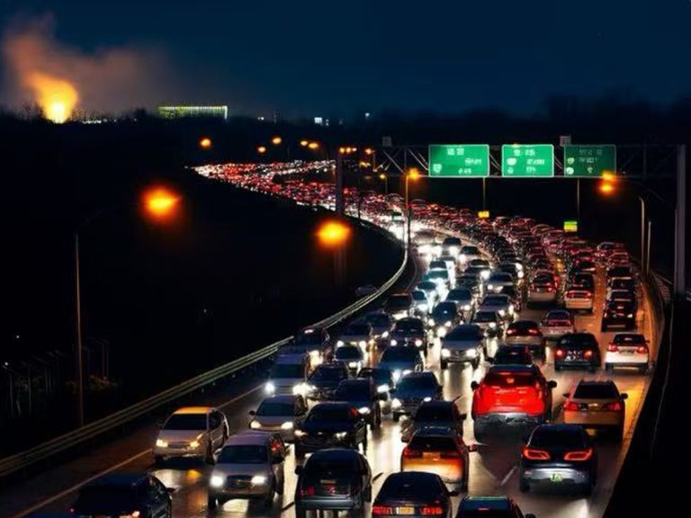 Heavy traffic and shipping container trucks lined up near a port, showing the China logistics delay during Chinese New Year.